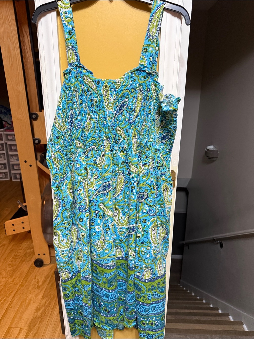 Metropolitan 2X Blue Green Paisley Sundress Smocked Cotton Midi Boho Plus - Picture 4 of 5